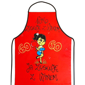 [Fb02-60] Fartuszek bawełniany WINO ZYSKUJE Z WIEKIEM, JA ZYSKUJĘ Z WINEM na 60
